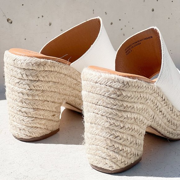 NEW White Faux Leather Espadrille Chunky Platform Wedge Slip On Slides Sandals - Picture 11 of 15